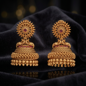 Boucles d'oreilles pendantes plaquées or antique pour femme, motif cloche religieuse vintage, idéales pour mariage et fête, avec sertissage en alliage et rubis. - Product Image 2