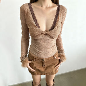 Camiseta de Manga Larga con Encaje Sexy para Mujer, Cuello en V con Abertura Frontal, Ajustada, de Punto Suave - Product Image 3