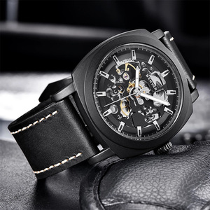 Reloj mecánico Benyar para hombre, esfera esqueleto, caja luminosa de acero inoxidable, correa de cuero negra, resistente al agua hasta 30M - Product Image 2