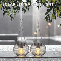 Lanterne solaire ronde en métal avec filet de fil métallique, LED blanc chaud, imperméable, pour extérieur, jardin, cour, patio décoratif