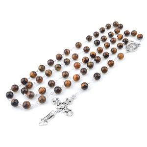 호랑이 눈 8mm 비즈 세인트 Charbel 종교 천연 돌 크로스 목걸이 가톨릭 버진 메리 스테인레스 스틸 묵주 상자 - Product Image 5