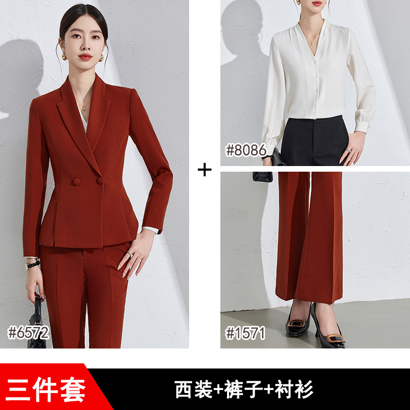 brick red suit, white shirt and trousers