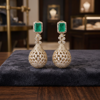 Boucles d'oreilles en or véritable 14 carats avec émeraude verte et diamants naturels pour femmes, bijoux tendance pour mariage et soirée