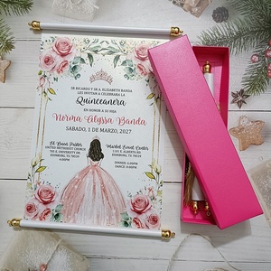 Carte d'<span class=keywords><strong>invitation</strong></span> enroulable rose pour Quinceañera, les meilleures invitations de mariage avec ruban et pompons, boîte de dragées pour invités - Product Image 3
