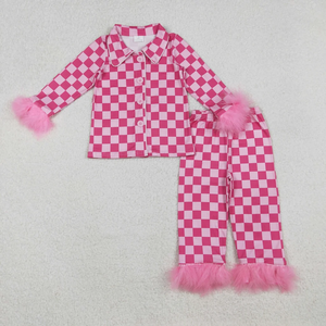 Ensemble pyjama pour enfants filles, haut à manches longues boutonné et pantalon avec bordure en fourrure, tenue de détente 2 pièces, automne et hiver - Product Image 3