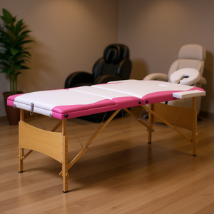 Table de massage pliable 3 zones blanc et rose, structure en bois, appui-tête intégré, mobilier de salon - Product Image 2