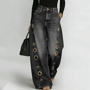 <span class=keywords><strong>Jean</strong></span> large <span class=keywords><strong>taille</strong></span> <span class=keywords><strong>haute</strong></span> pour <span class=keywords><strong>femme</strong></span> RNSHANGER en denim <span class=keywords><strong>bleu</strong></span> avec découpes à œillets dorés, coupe ample, style streetwear décontracté Y2K - Product Image 4