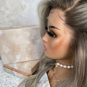 Nuovo arrivo HD pani frontali europei capelli Color marrone cinereo con evidenziazione HD pizzo frontale sistema di sostituzione dei capelli per le donne - Product Image 6