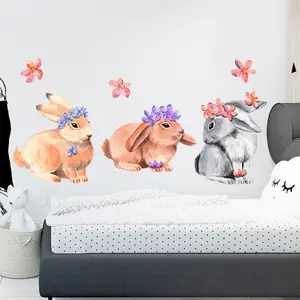 DIY के लिए सजावटी स्टिकर नर्सरी बच्चे बेडरूम 3D कार्टून बच्चे के लिए बनी दीवार स्टीकर हटाने योग्य खरगोश फूल दीवार Decals