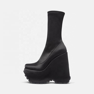 Trend Stretch Fabric Half Knee High Platform <b>Boots</b> Women Wedge Heels Shoes Side Zipper Calf Booties Ladies - Product Image 4