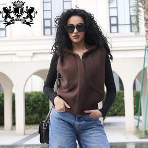 <span class=keywords><strong>Cardigan</strong></span> Senza Maniche con Cappuccio in Maglia <span class=keywords><strong>Marrone</strong></span> Castagna Stile Street Premium Janefur per <span class=keywords><strong>Donna</strong></span> - Product Image 1