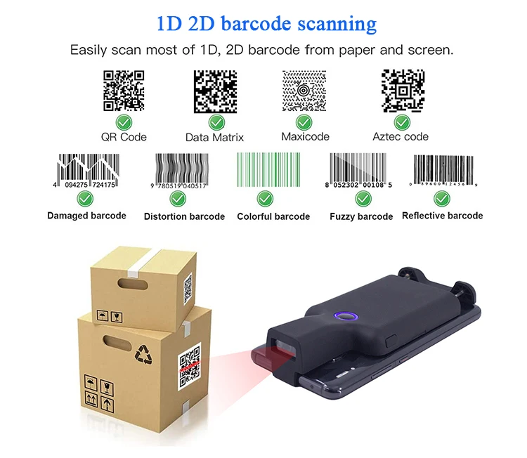 Portable Mobile Phone Holder Barcode Scanner Back Clip 1D 2D Blue tooth Handheld Barcode Scanner