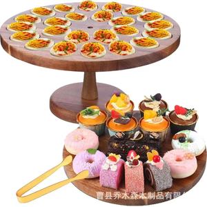 Bandeja de madera para servir pasteles con dos niveles para exhibir postres en fiestas, soporte redondo de madera maciza para cupcakes y donuts - Product Image 1