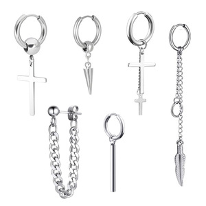 Juego de Pendientes de Aro con Colgante de Cruz, Acero Inoxidable, Cadena Larga Negra, Pendientes Unisex de Moda - Product Image 4