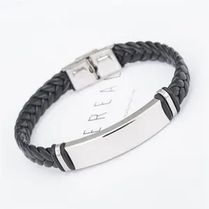 Wholesale Price DIY Blank Engraved Stainless Steel Handmade Leather Braided Bracelet Mens Jewelry