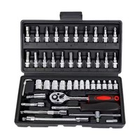 Jeu de 46 outils combinés en acier au chrome-vanadium pour réparation automobile et entretien, comprenant clés à douille, cliquet, tournevis et douilles rigides