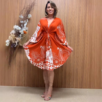 Robe Courte Fluide à Col en V et Manches Mi-Évasées à Imprimé Floral pour Femme 2026 – Idéale pour l'Été, la Plage et les Vacances