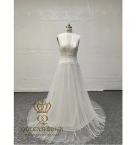 QUEENS GOWN Factory wholesale price elegant lace women sleeveless bridal dress halter deep v neck tulle wedding dress