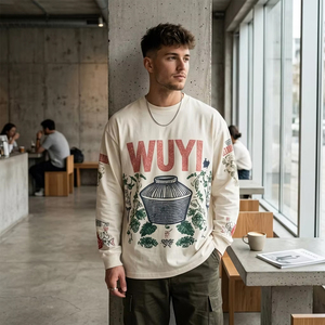 300GSM Cotton Heavyweight Custom Logo Vintage Graphic <b>Long</b> Sleeve T <b>Shirt</b> Men Boxy Fit Oversized Distressed Streetwear <b>Tee</b> - Product Image 2