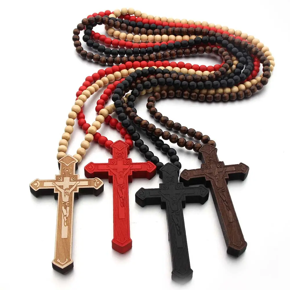 Vintage Trendy Männer Frauen Katholische Christus Holz Rosenkranz Perle Halskette Gewebtes Seil Holz Halskette Holz Kreuz Anhänger Halskette