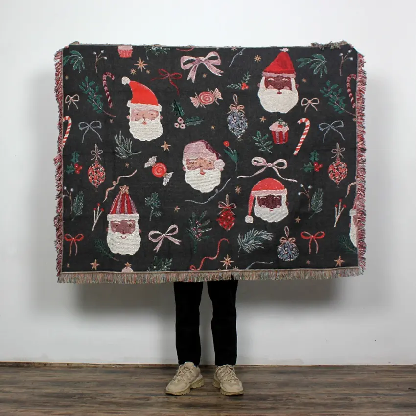 Jeté tissé jacquard du père Noël de couleur personnalisée avec pompon Couverture de tapisserie en coton mélangé pour cadeau de Noël