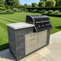 Cuisine extérieure en pierre culturelle noire imperméable avec tiroirs en acier inoxydable, barbecue à gaz, plan de travail en marbre, unité de cuisson de jardin