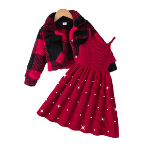 2025 Autumn Vintage <strong>Children</strong> Outfit Wholesale Long Sleeve Plaid <strong>Fur</strong> <strong>Coat</strong> Pearls Knit Sleeveless Dress Girls Kids Winter Clothing - Product Image 6