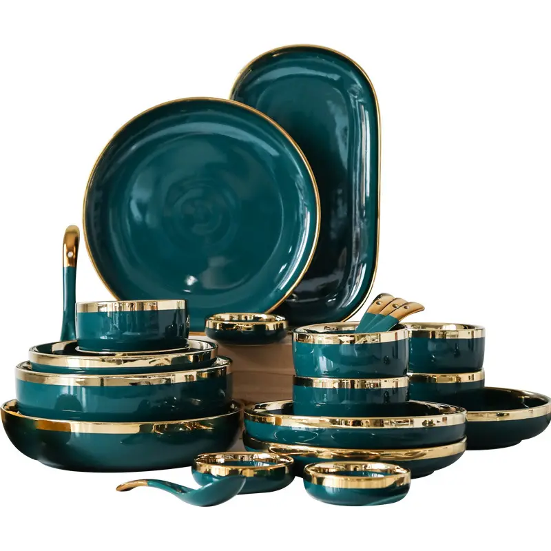 Conjunto de cena placa de cerámica de porcelana de lujo al por mayor barato Borde de Oro Verde 9PCS 18PCS 26PCS placas establece vajilla