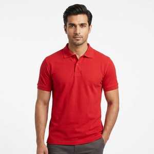 เสื้อโปโลสำหรับผู้ชายแขนสั้นสีแดงโลโก้ที่มีสไตล์ - Product Image 1