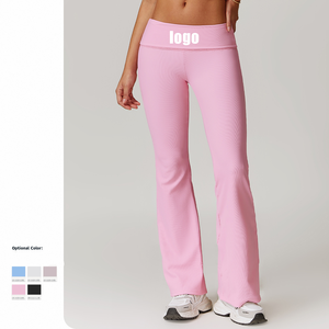 Autumn Women's Solid Pattern Yoga <strong>Leggings</strong> Low-Rise Flared Fitness Pants <strong>with</strong> <strong>Lace</strong> <strong>Trim</strong> for Outdoor or Daily Sports Wear - Product Image 1