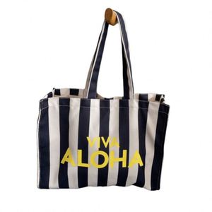 Bolsa de Compras de Lona de Algodón Reciclado Natural con Rayas Verticales, Personalizada, con Múltiples Bolsillos - Product Image 1