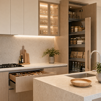Armoires de cuisine bicolores bois et blanc pour les projets d'aménagement d'appartements et les équipements de logements locatifs