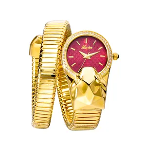 MISS FOX Snake Unregelmäßige Form Uhr für Frauen Luxus kleid Rotes Zifferblatt Damen Gold Iced Out Uhr Analoge Quarz Movt Einzigartige Uhr