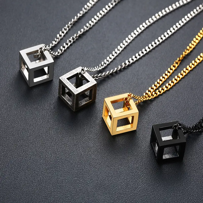 Designers 1 Piece Trendy Fine Jewelry Gothic Punk Ancient Silver Hollow Geometric Cubes Stainless Steel Pendent Necklace