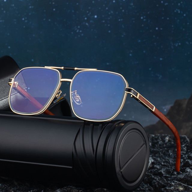 Custom Logo Retro Designer Square Metal Double Bridge Sunglasses for Men Wood Grain Colors UV400 Arm Gold Gray Frames