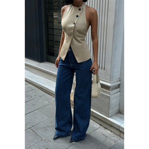 Jeans Boyfriend con Estampado de Leopardo Azul Marino para Mujer, Cintura Alta, Ajustados, Corte de Bota, Transpirables, con Diseño Floral y Decoración Rasgada, Talla XL - Product Image 3