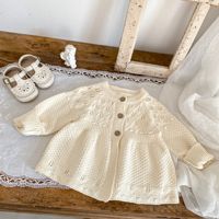 Sweater Rajut Bunga 100% Katun Musim Gugur Terlaris untuk Bayi Balita, Cardigan Rajut Berlubang Model A-line, Pakaian Luar Serbaguna untuk Anak Perempuan