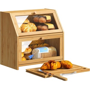 Doppio strato cucina controsoffitto in legno di bambù scatola di pane con porta <span class=keywords><strong>trasparente</strong></span>, fattoria pane contenitore con tagliere - Product Image 1