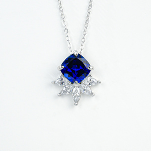 925 Sterling Silver <b>Cushion</b> Cut Lab Created Sapphire Pendant Necklace with CZ Snowflake Accent for Women Wedding Bridal Jewelry - Product Image 1