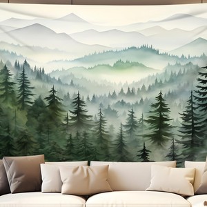 Tapiz de Pared de Poliéster con Diseño de Pinos en un Bosque Verde Niebla, Impreso, Lavable a Máquina, Decoración de Pared, Venta al Por Mayor, Moderno - Product Image 1