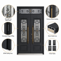 Porte d'entrée double moderne en verre médaillon et aluminium moulé, cadre 6063-T5, étanche, pour villa, appartement, hôtel