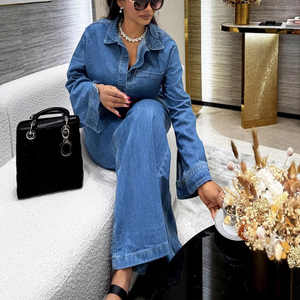 2025 donna europea e americana completo in Denim a maniche lunghe <span class=keywords><strong>con</strong></span> risvolto e cravatta <span class=keywords><strong>pantaloni</strong></span> a gamba dritta Set due pezzi - Product Image 1