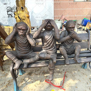 BLVE personnaliser extérieur métal Animal Statue grandeur nature voir entendre parler pas de <span class=keywords><strong>mal</strong></span> Bronze singes Sculpture assis sur un banc - Product Image 3