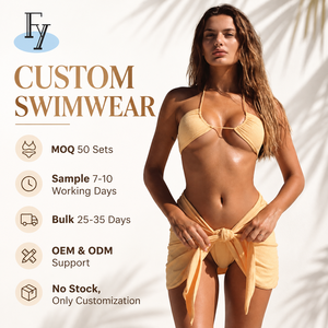 Custom OEM Wholesale Women's Yellow Halter Neck Ruched Cutout Bikini Set with Tie Front <strong>Sarong</strong> 3 Piece Swimwear Manufacturer - Product Image 1