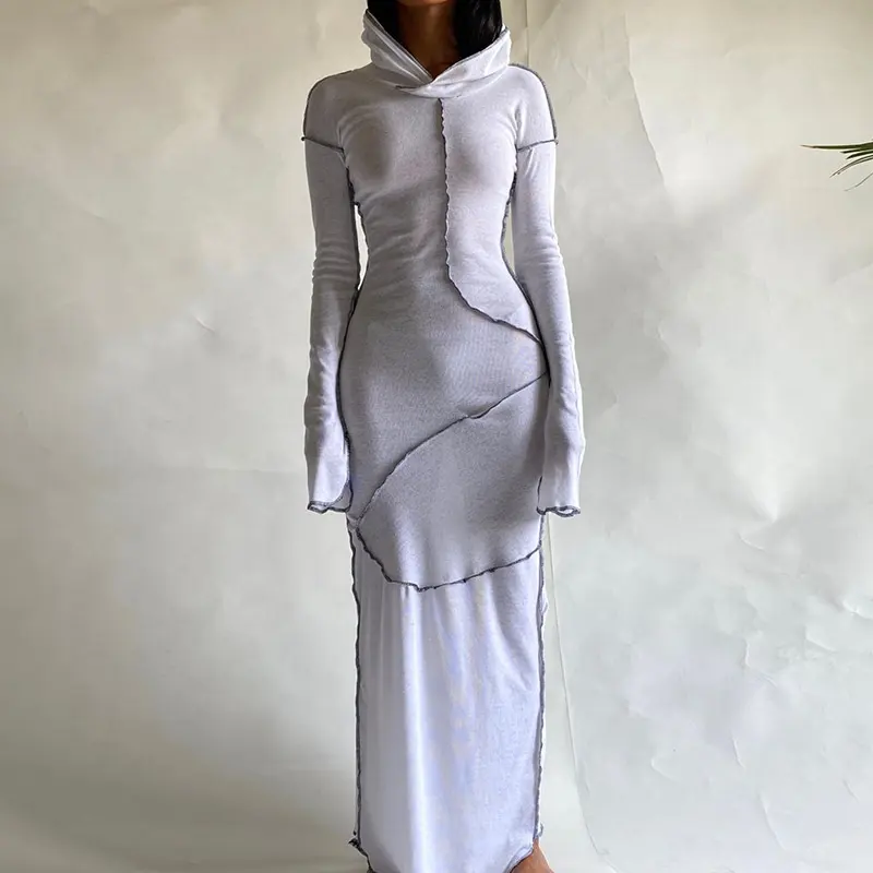 Fashion women's reverse car side hooded long-sleeved one-piece dress solid color long hip dress