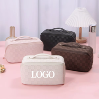Sac de maquillage Vintage en cuir PU à carreaux, organisateur de maquillage, sacs à cosmétiques, trousse de toilette Portable de voyage