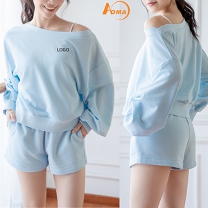 Aoyema-Conjunto de Sudadera y Pantalones Cortos para <span class=keywords><strong>Mujer</strong></span>, Ropa Personalizada de Manga Larga con Hombros Caídos, Gran Tamaño, 2 Piezas - Product Image 1