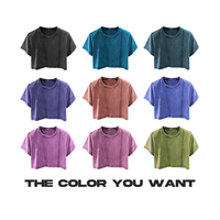 T-shirt court en coton personnalisé pour femme, style décontracté, délavé à l'acide, broderie rétro, imprimé, coupe courte au nombril, vente en gros
