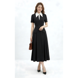 Robe chemise noire pour femme, prête à être expédiée, avec col blanc, jupe plissée mi-longue et ceinture, tenue de travail professionnelle, best-seller - Product Image 1