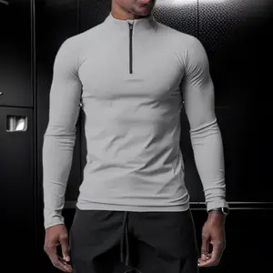 AOLA Quick Dry Men's Long Sleeve 1/4 Zip Sport Shirt Bodybuilding T-shirt for Gym Fitness Exercise Tight Zipper Collar Shirts